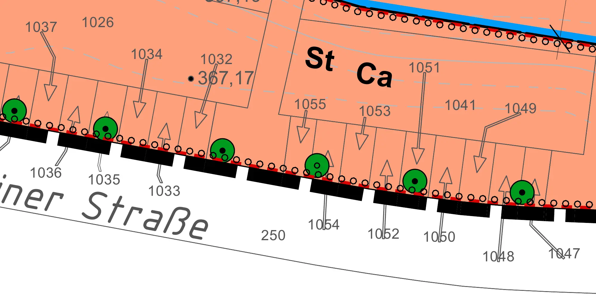 Planausschnitt an der Schweriner Straße mit sechs Baumsymbolen